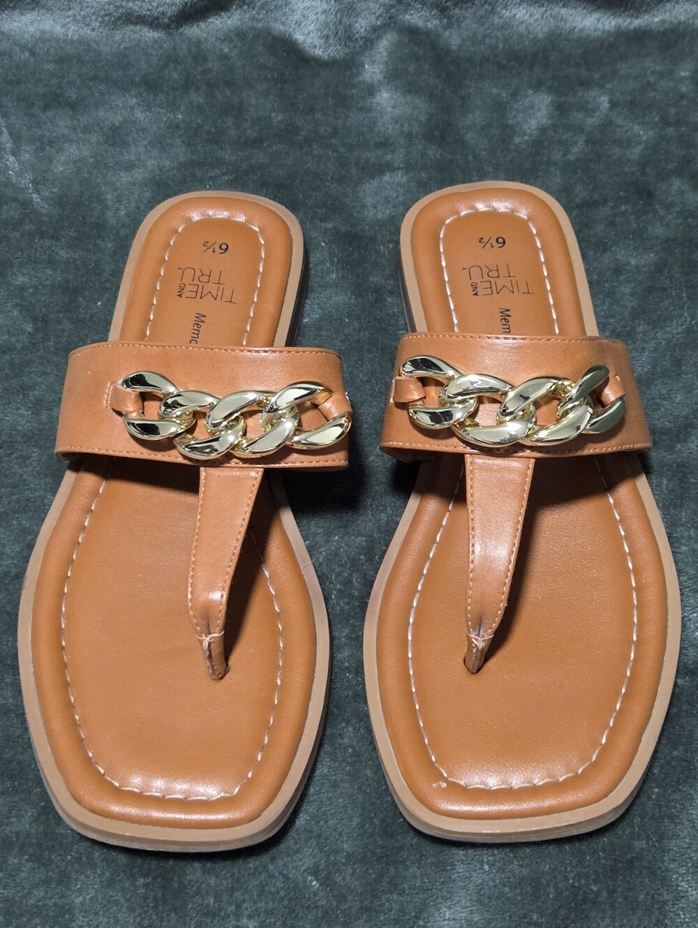 Time and Tru Tan Thong Sandals with Gold Chain Accent